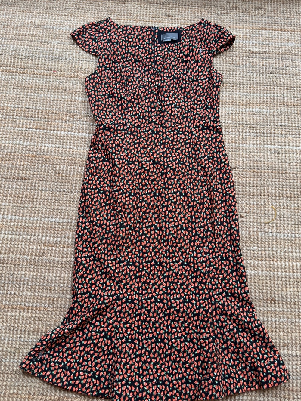 Anthropologie Black Midi Dress with Coral Floral Print